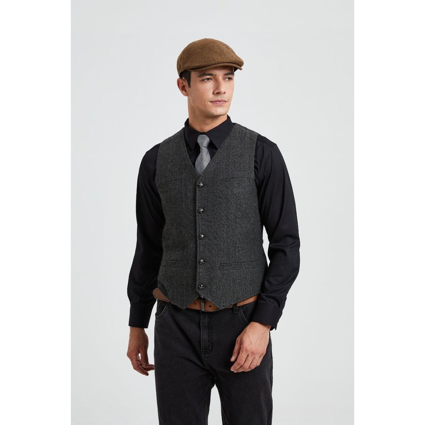 Hisdern Men's Herringbone Tweed Vest Dark Grey Casual Winter Layering
