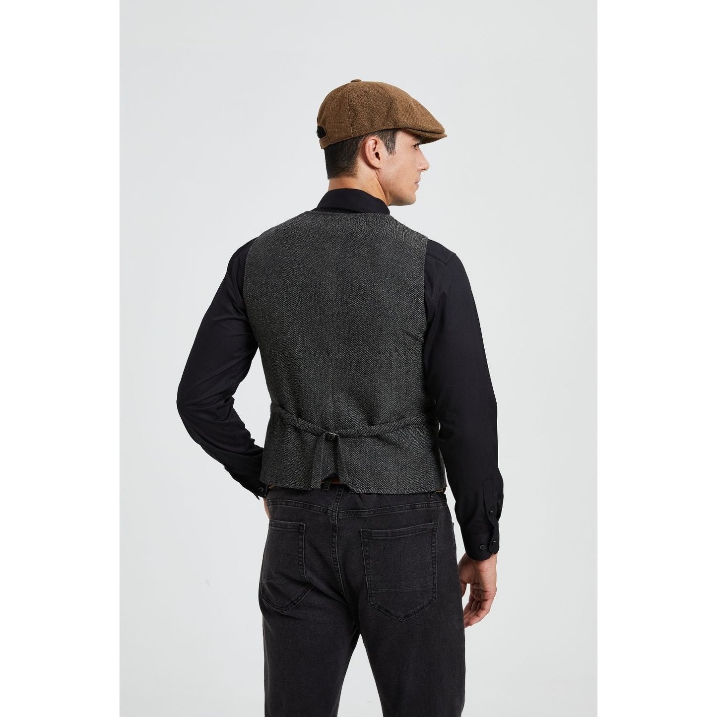 Hisdern Men's Herringbone Tweed Vest Dark Grey Casual Winter Layering