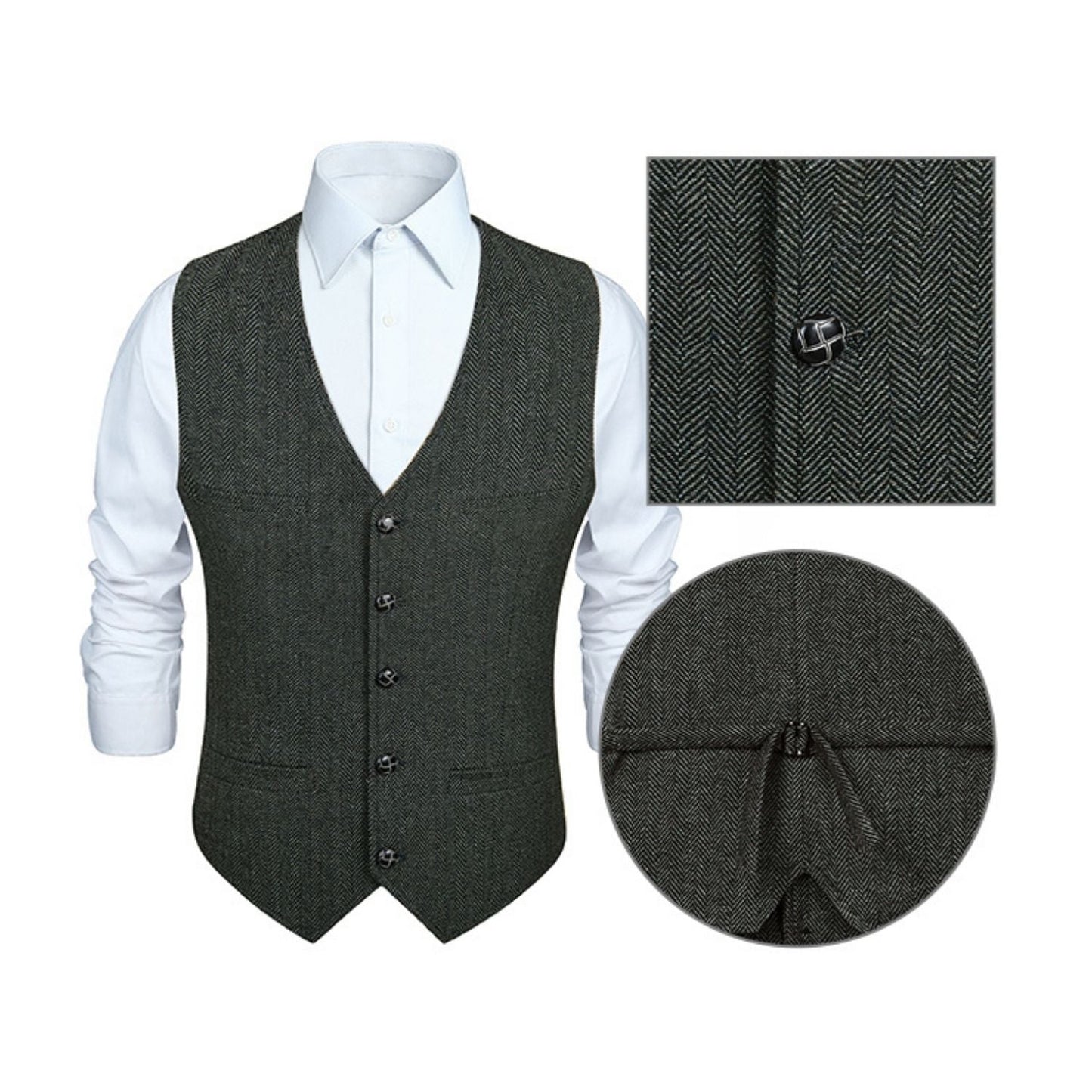 Hisdern Men's Herringbone Tweed Vest Dark Grey Casual Winter Layering