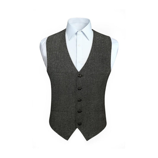 Hisdern Men's Herringbone Tweed Wool Vest Grey for Party Suit Vest