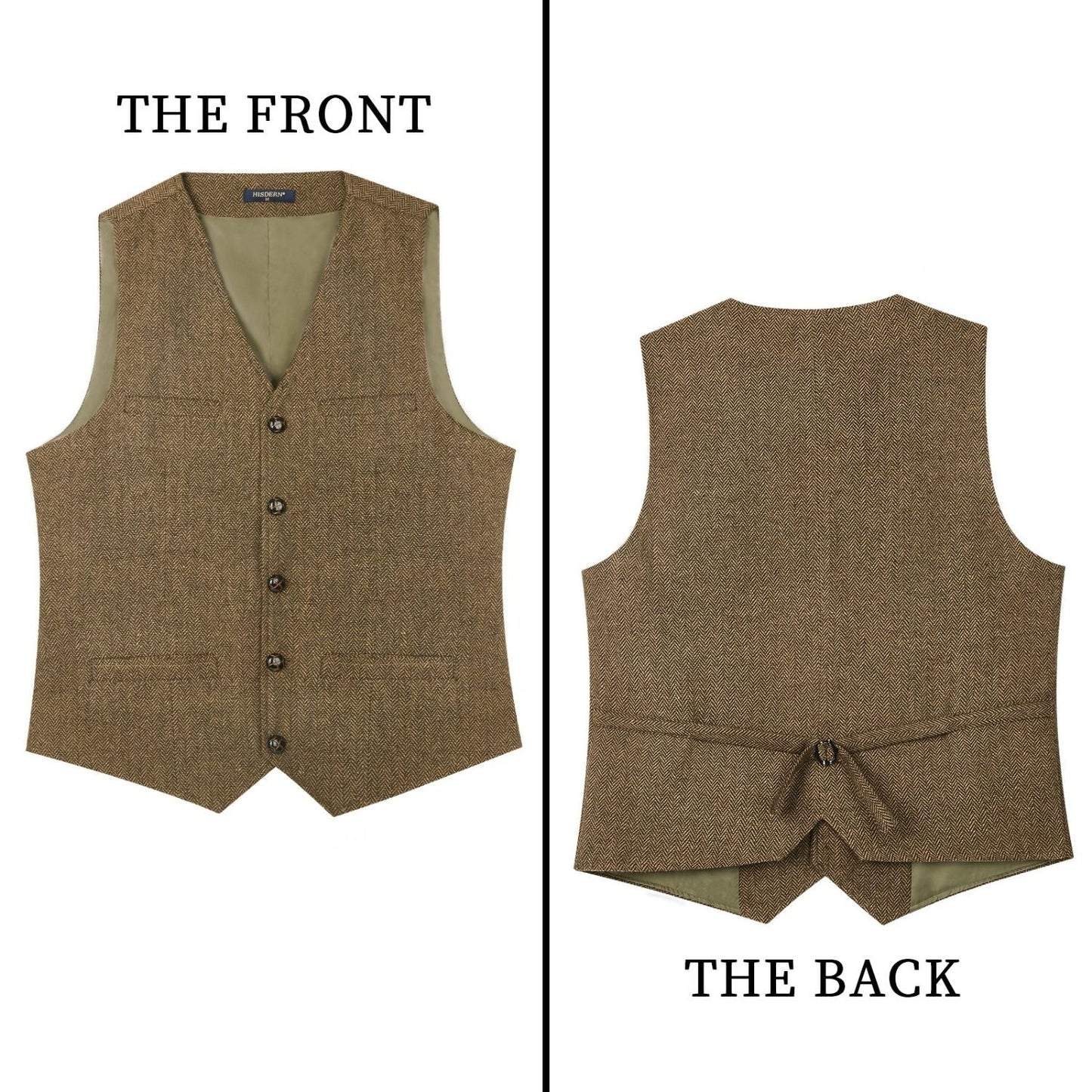 Hisdern Men's Herringbone Tweed Vest Brown Casual Winter Layering