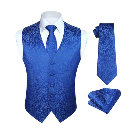 Hisdern Men's Royal Blue Floral Vest Tie Set For Weddings