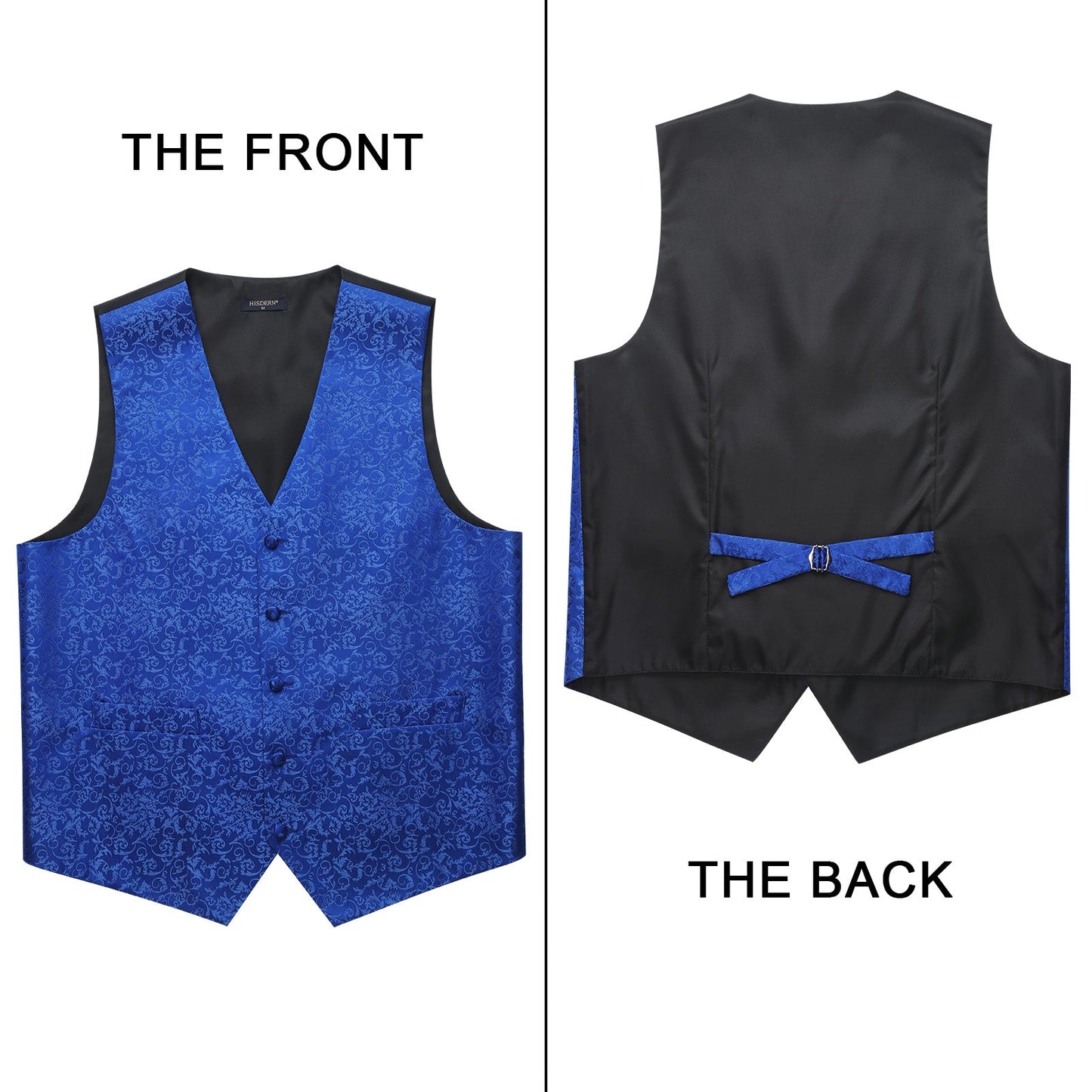 Hisdern Men's Royal Blue Floral Vest Tie Set For Weddings