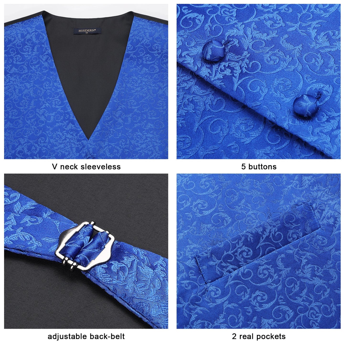 Hisdern Men's Royal Blue Floral Vest Tie Set For Weddings