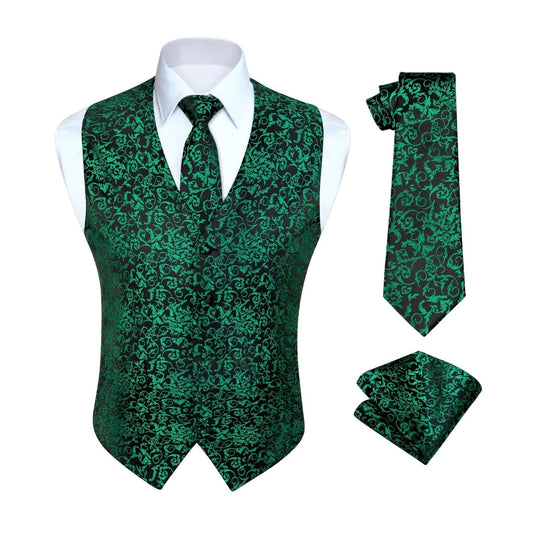 Hisdern Men's Green Floral Vest Tie Set For Weddings