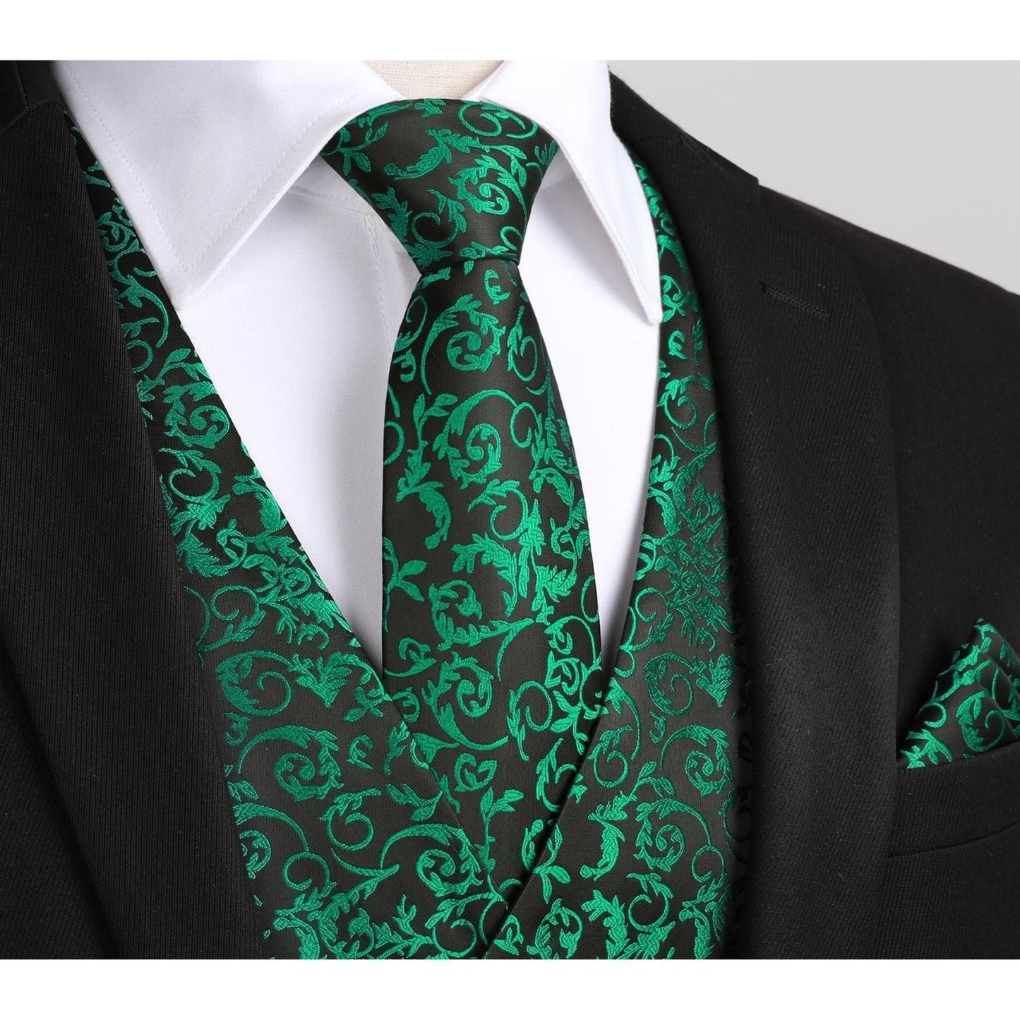 Hisdern Men's Green Floral Vest Tie Set For Weddings