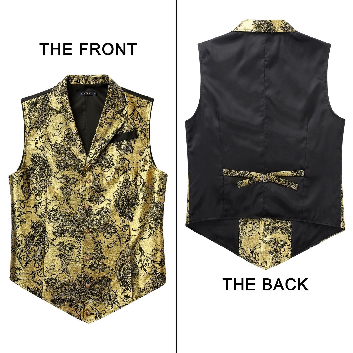 Hisdern Gothic Men's Formal Vest Gold Black Lapel Party Coat
