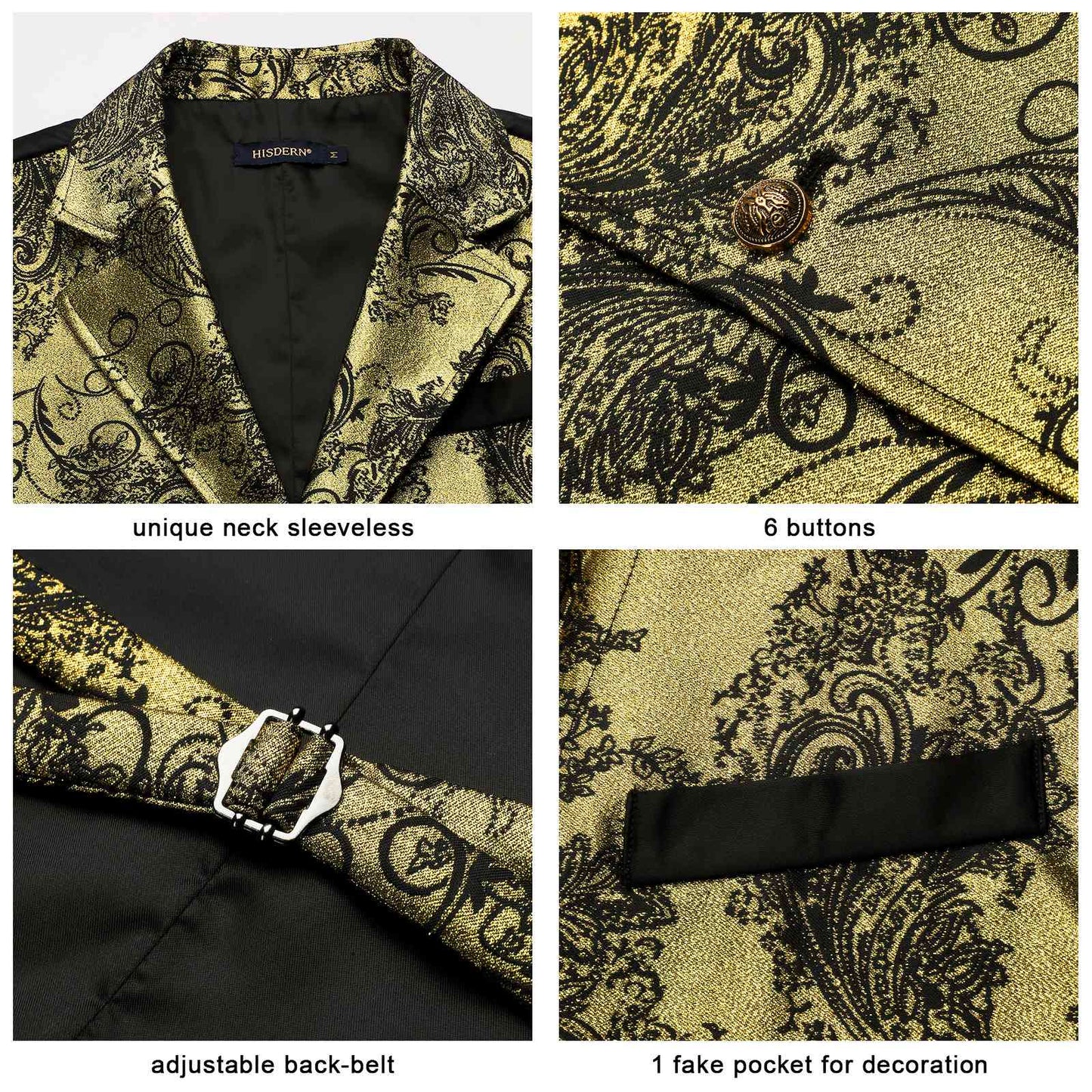 Hisdern Gothic Men's Formal Vest Gold Black Lapel Party Coat