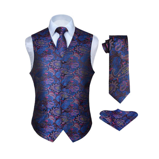 Hisdern Men's Blue Pink Paisley Vest Tie Set For Weddings