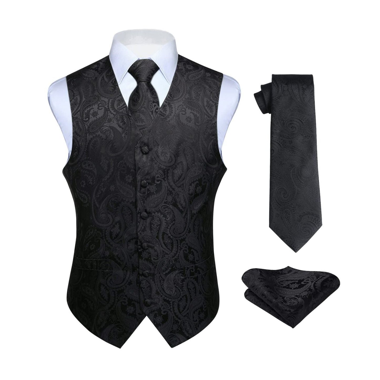 Hisdern Men's Black Paisley Vest Tie Set For Weddings