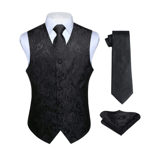 Hisdern Men's Black Paisley Vest Tie Set For Weddings