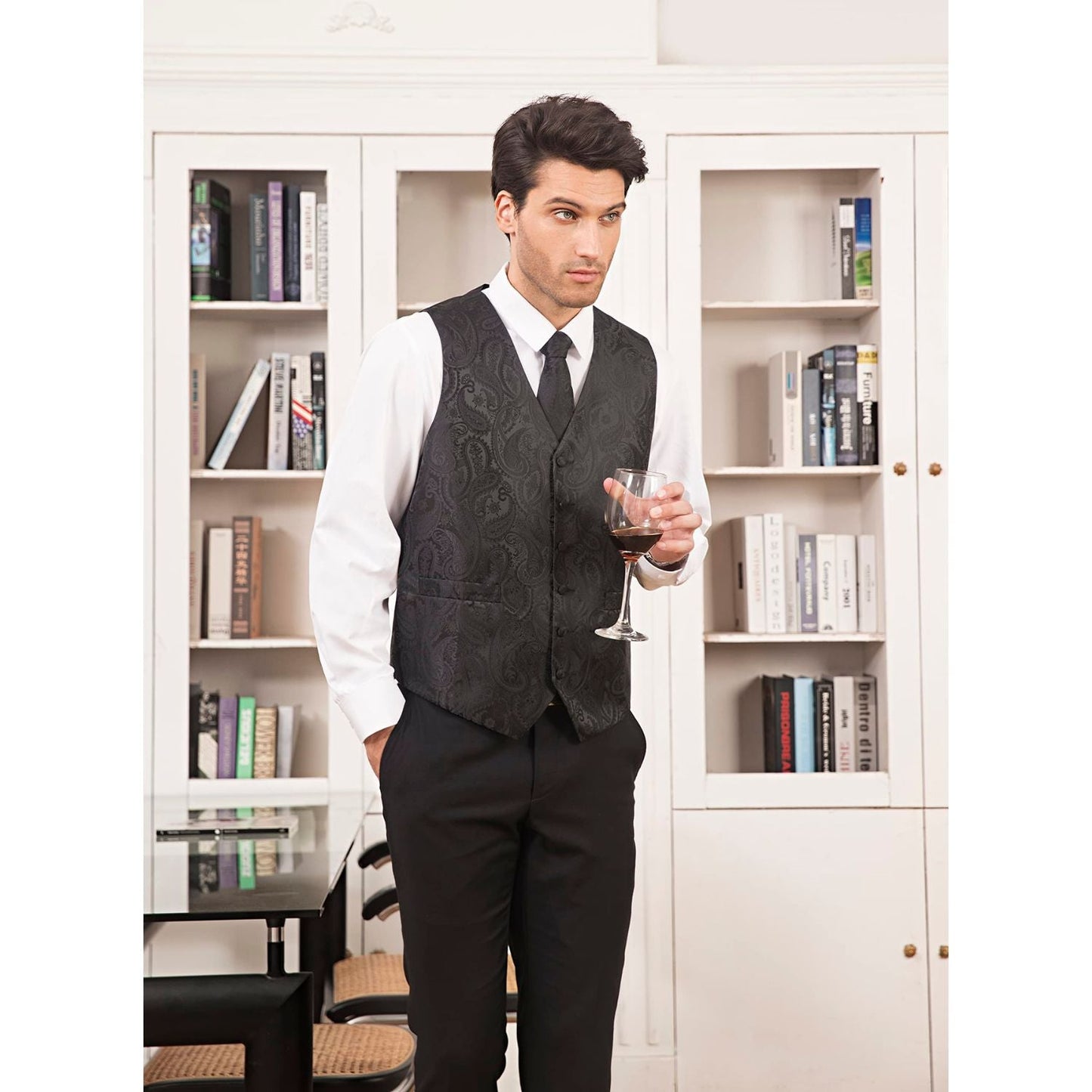 Hisdern Men's Black Paisley Vest Tie Set For Weddings