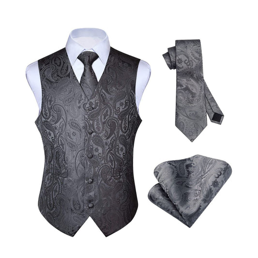 Hisdern Men's Grey Paisley Vest Tie Set For Weddings Anniversary