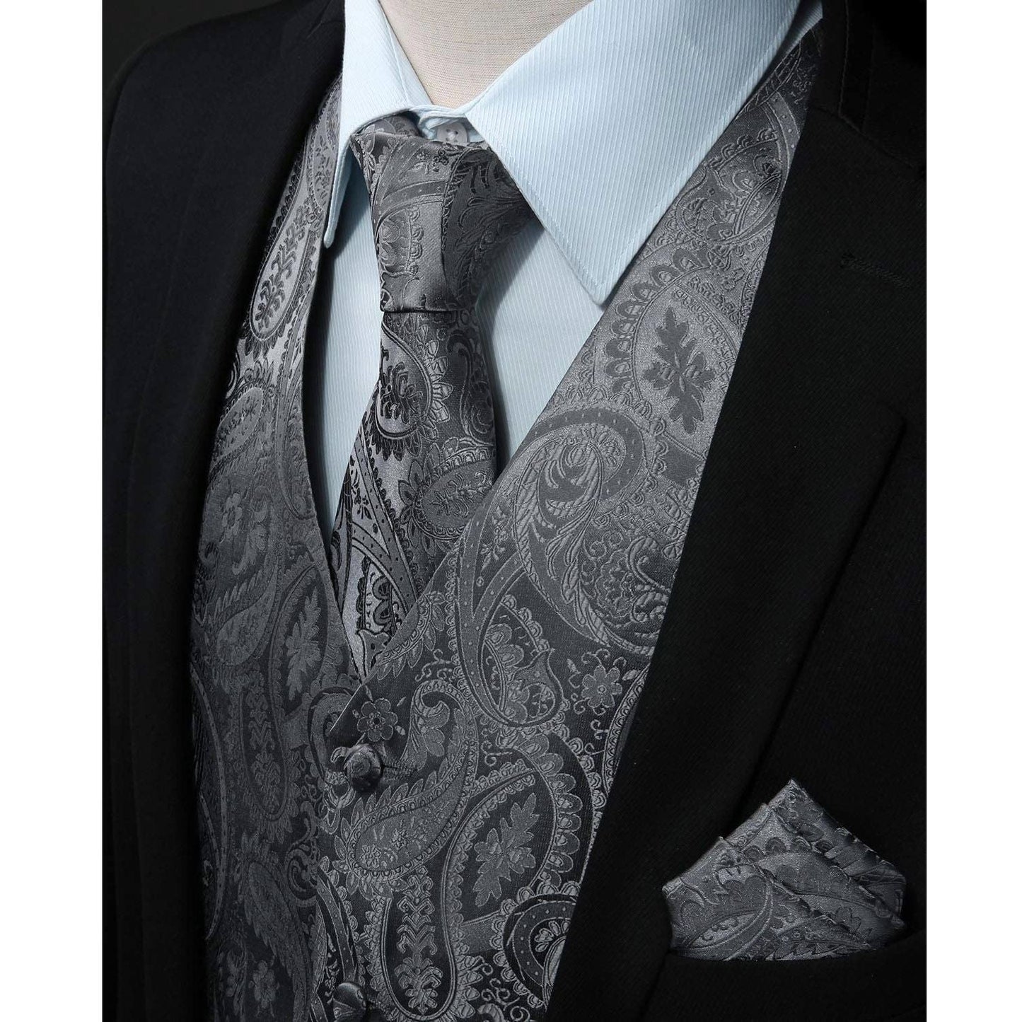 Hisdern Men's Grey Paisley Vest Tie Set For Weddings Anniversary