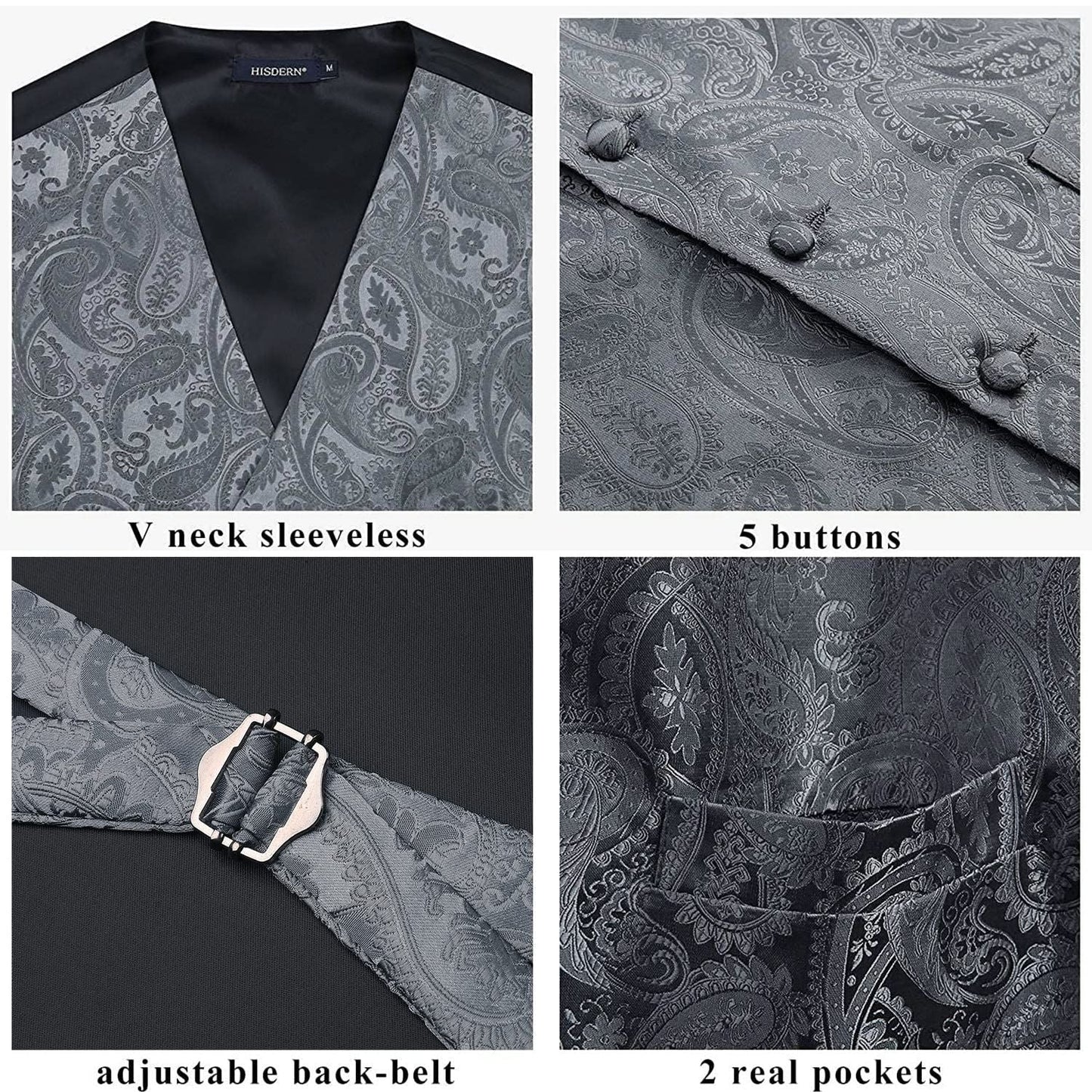 Hisdern Men's Grey Paisley Vest Tie Set For Weddings Anniversary