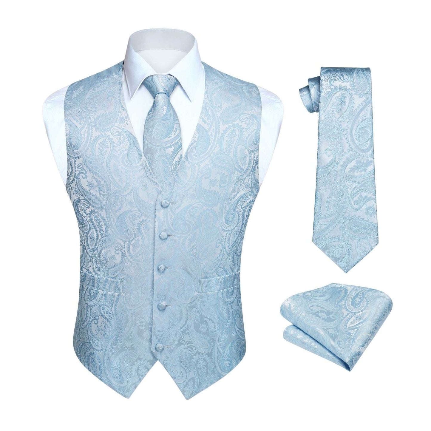 Hisdern Men's Blue Paisley Vest Tie Set For Weddings