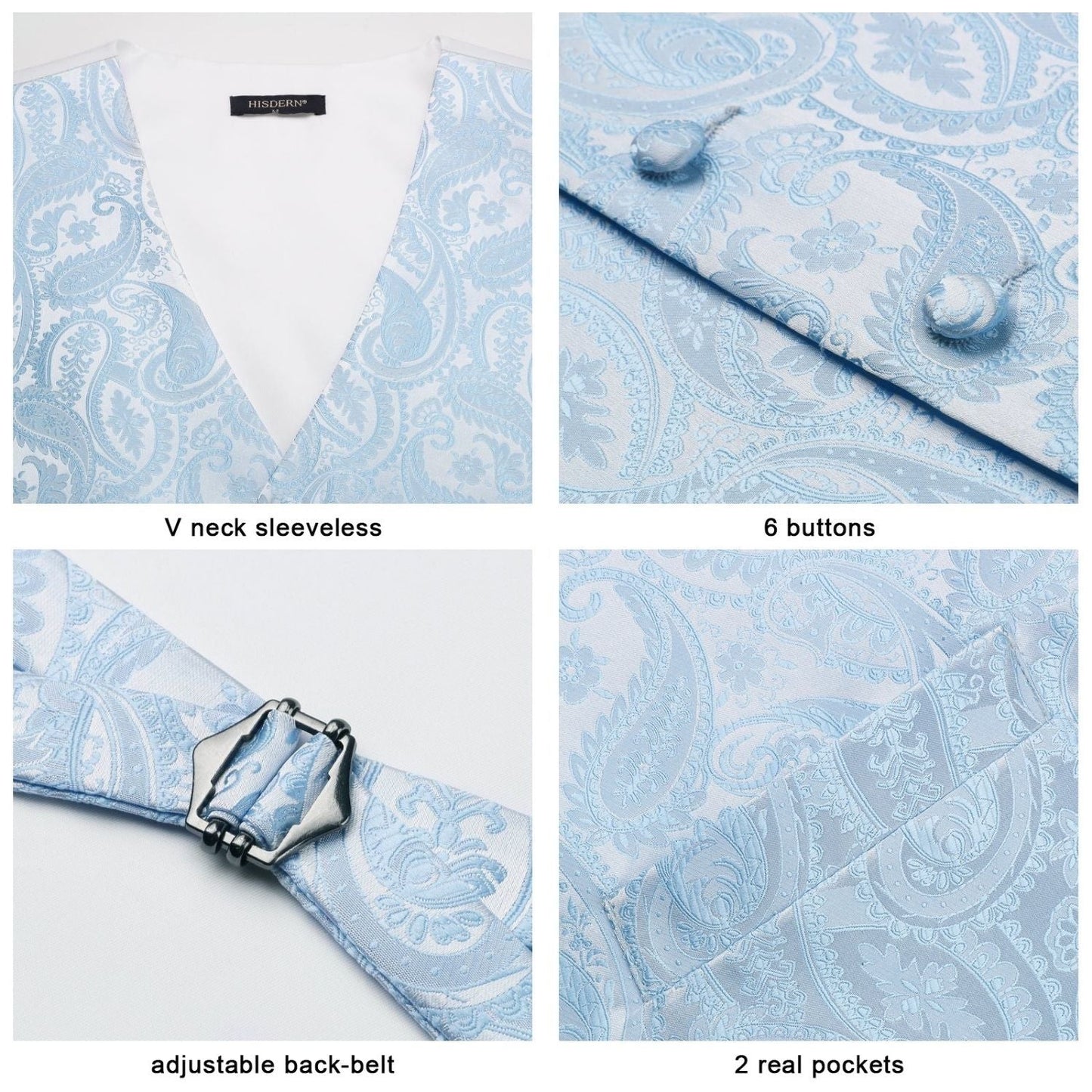Hisdern Men's Blue Paisley Vest Tie Set For Weddings