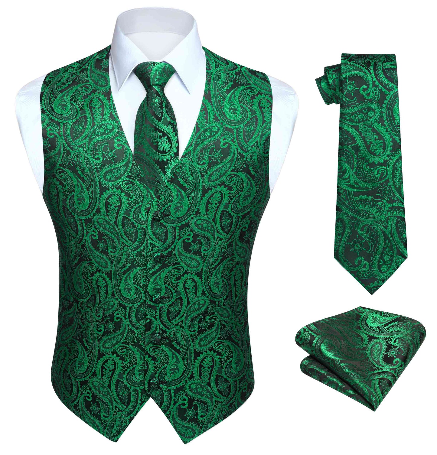 Hisdern Men's Green Paisley Suit Vest Tie Set Formal Wear