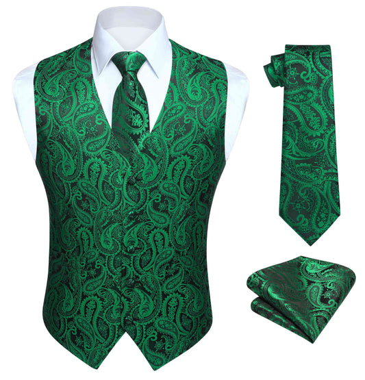 Hisdern Men's Green Paisley Suit Vest Tie Set Formal Wear