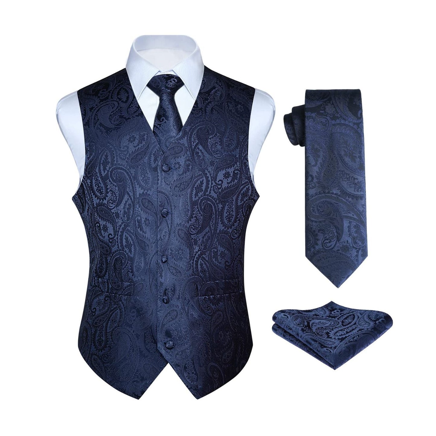 Hisdern Men's Navy Blue Paisley Vest Tie Set For Weddings Anniversary