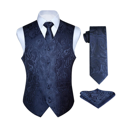 Hisdern Men's Navy Blue Paisley Vest Tie Set For Weddings Anniversary
