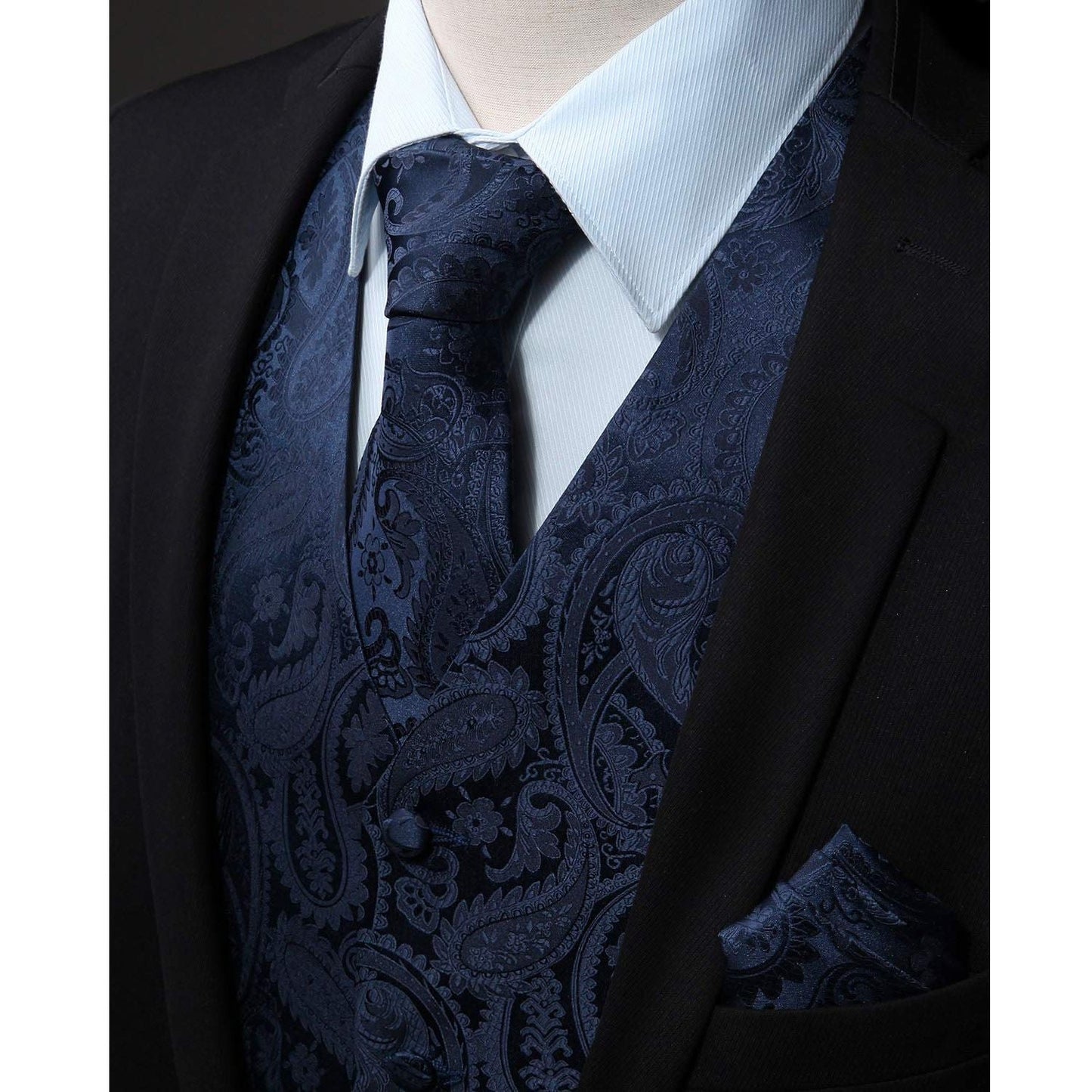 Hisdern Men's Navy Blue Paisley Vest Tie Set For Weddings Anniversary