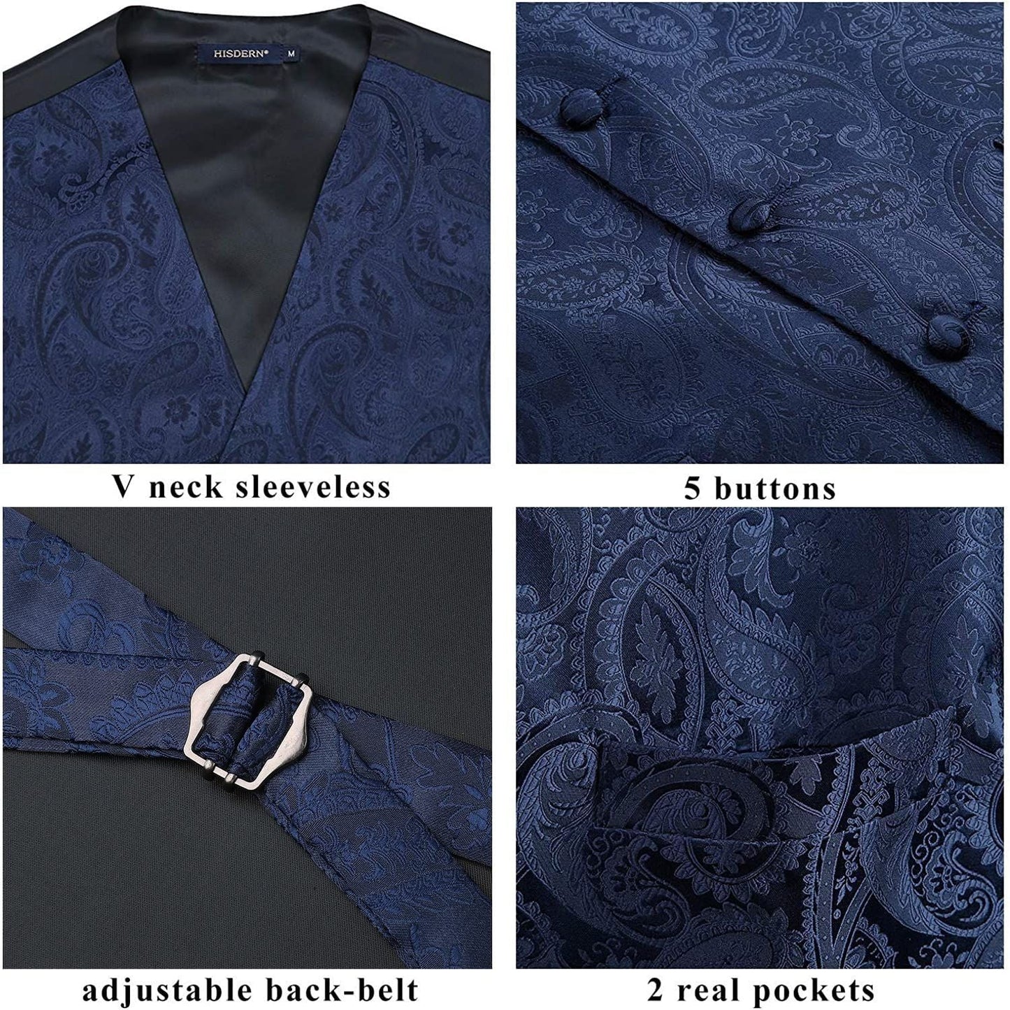 Hisdern Men's Navy Blue Paisley Vest Tie Set For Weddings Anniversary