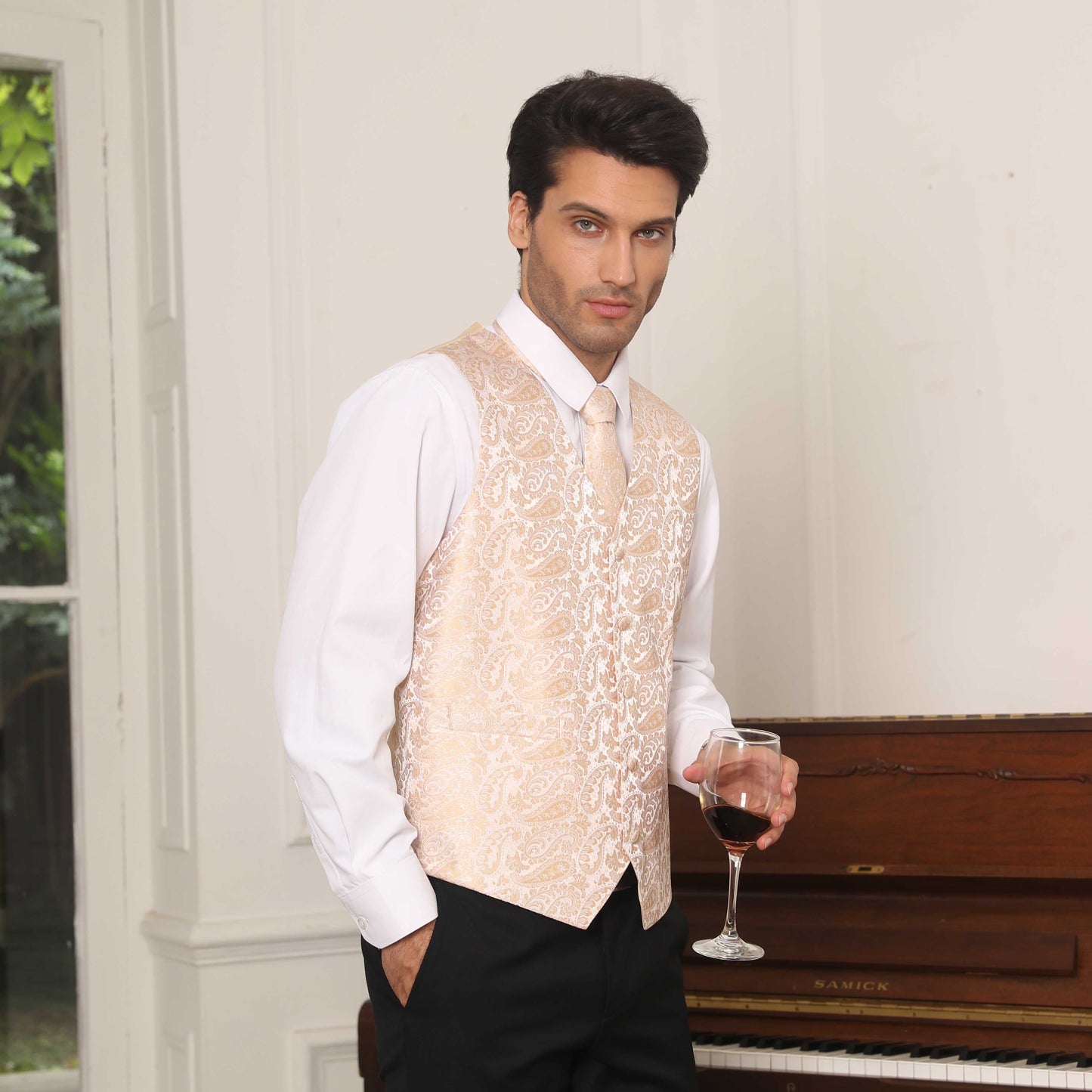 Hisdern Men's Champagne Gold Paisley Vest Tie Set For Weddings