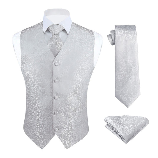 Hisdern Men's Grey Silver Paisley Vest Tie Set For Weddings