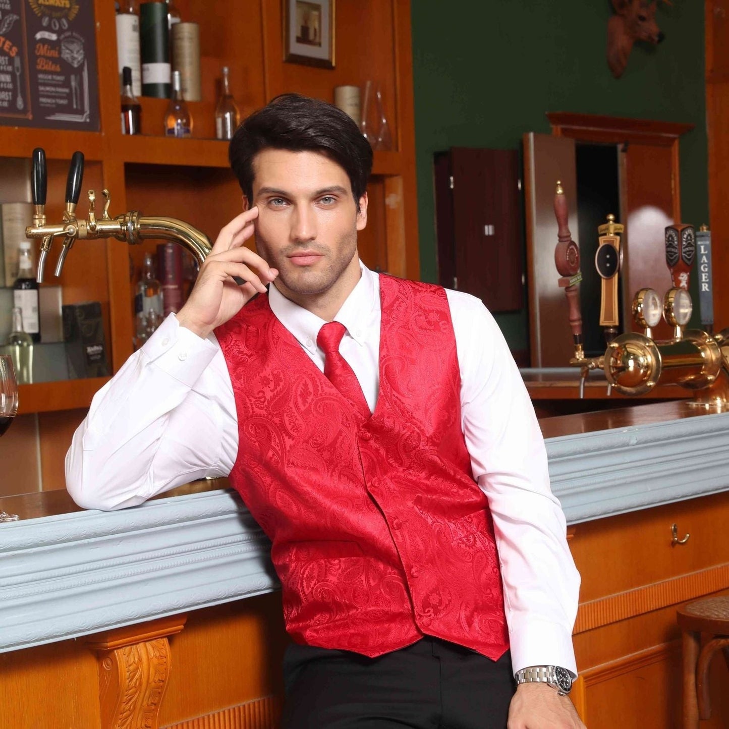 Hisdern Red Tailored Slim Fit Silk-Lined Dress Vest for Weddings & Tuxedo Pairing