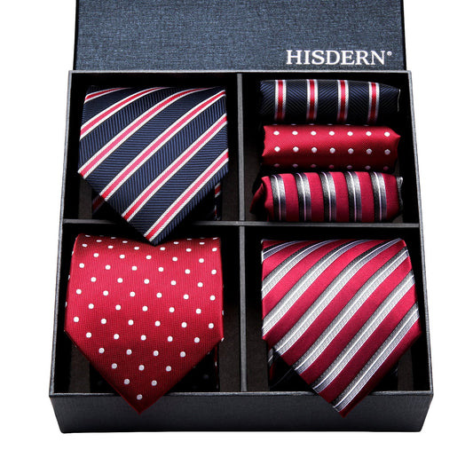 Hisdern 3-Piece XL Tie Set Red Wedding Accessory Gift Box Set
