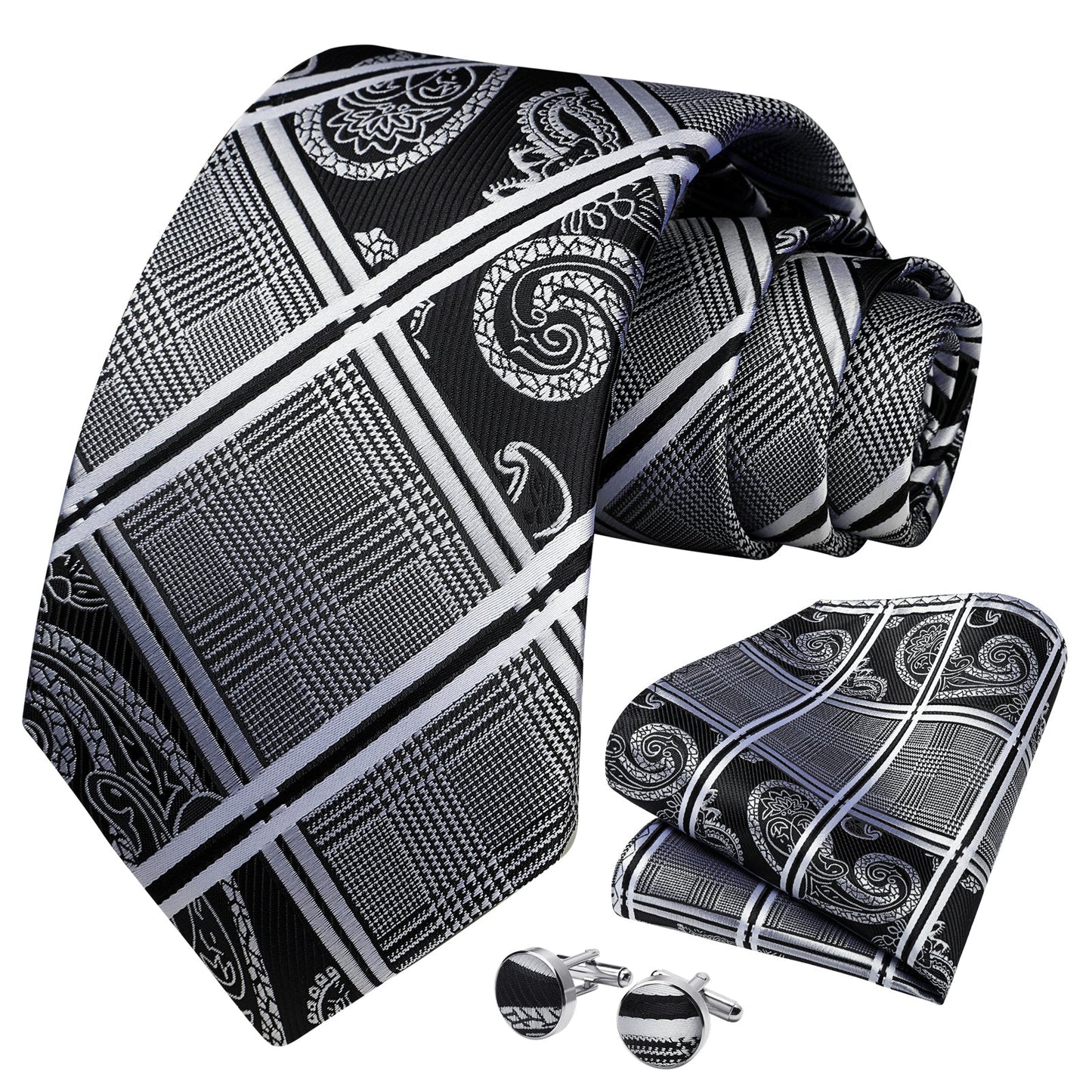 Hisdern Black Plaid Wedding Accessories Set with Cufflinks