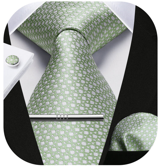 Hisdern Sage Green Houndsooth Wedding Tie Set with Cufflinks Clip