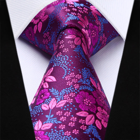 Hisdern Hot Pink Blue Wedding Tie Set – Floral Tie & Pocket Square