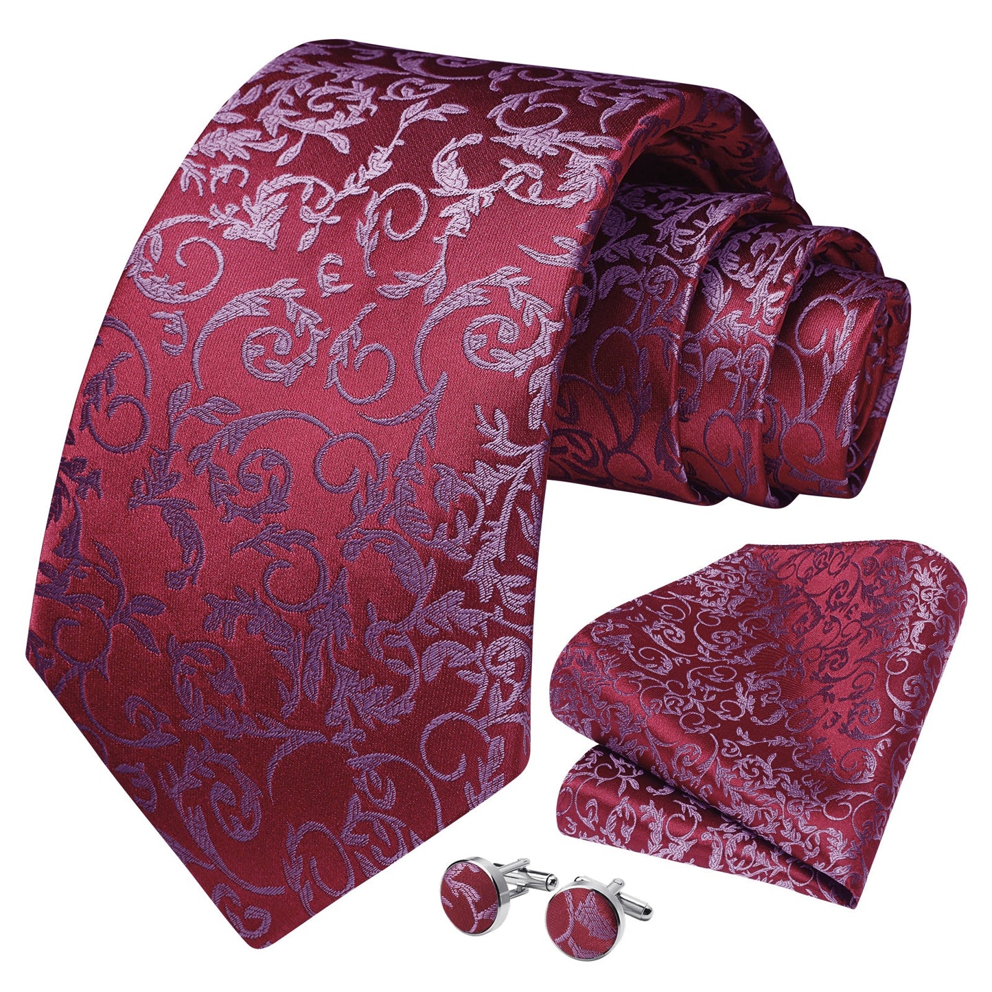 Hisdern Red Floral Wedding Tie Set with Cufflinks