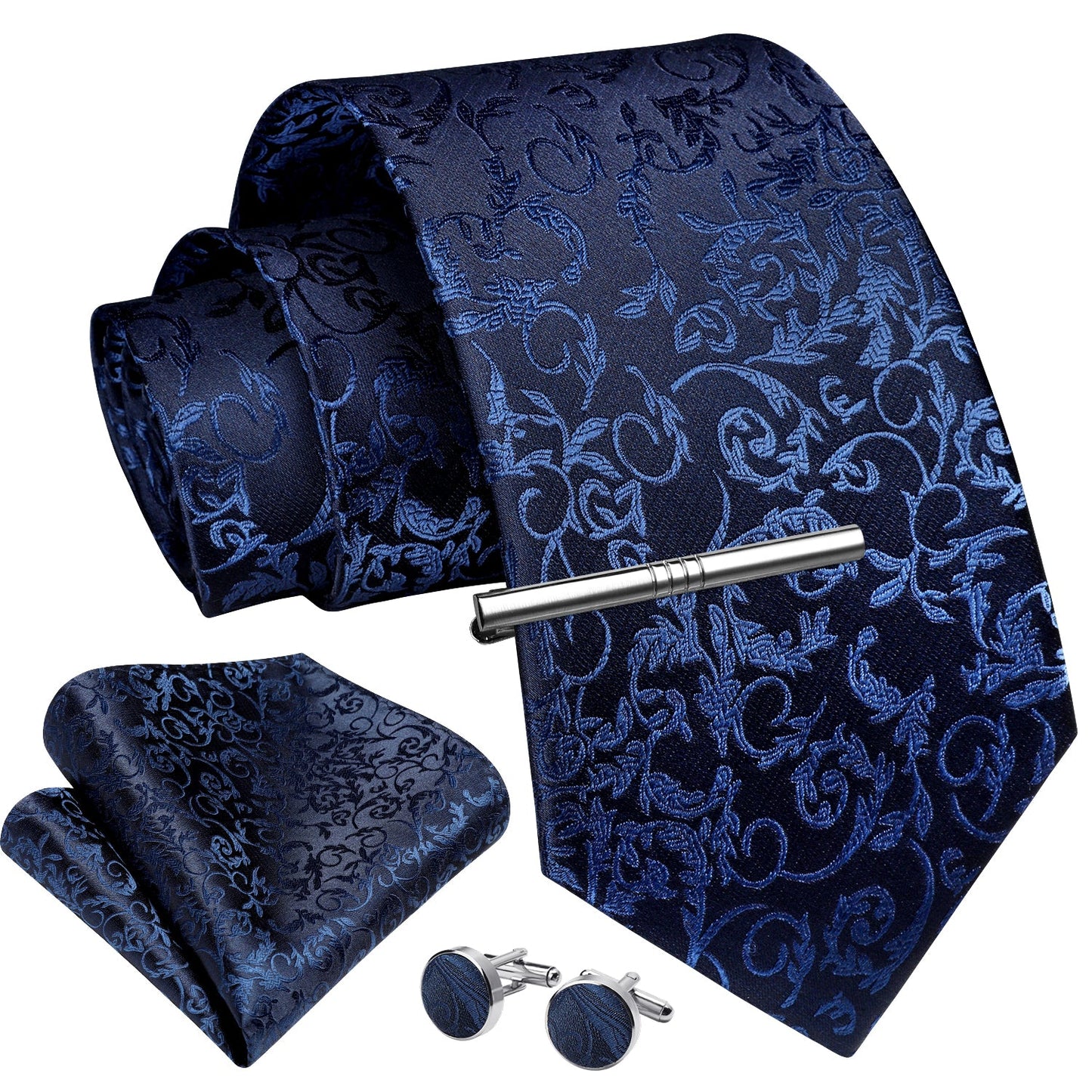 Hisdern Navy Blue Floral Wedding Tie Set with Cufflinks Clip
