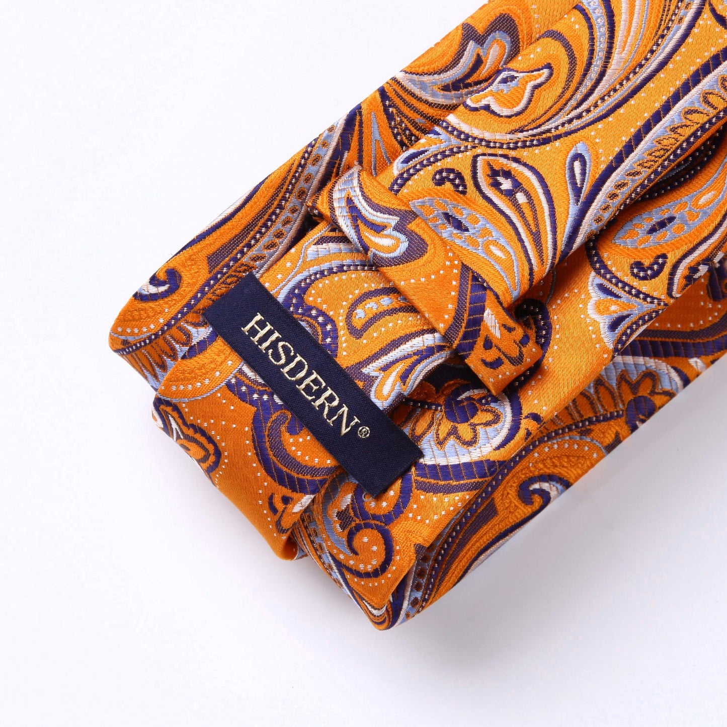 Hisdern Orange Navy Blue Paisley Tie Set For Formal Wear