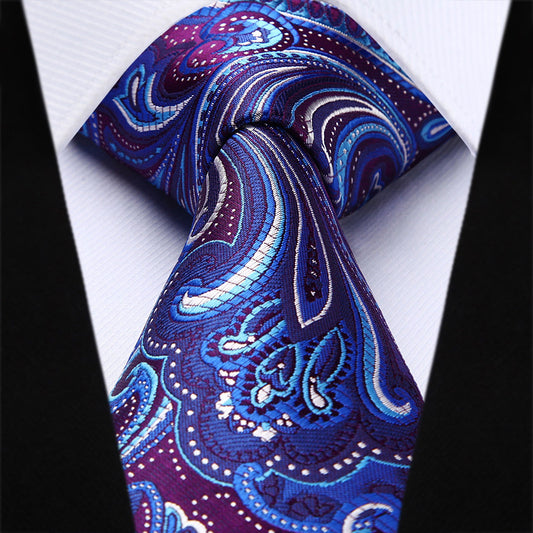 Hisdern Purple Blue Paisley Tie Set For Formal Wear