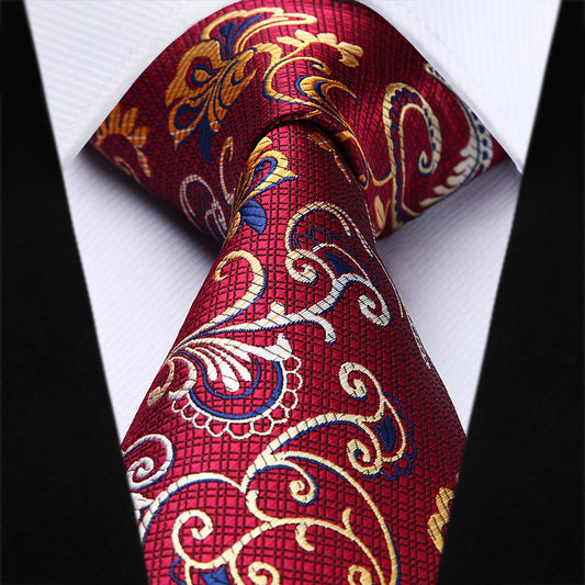 Hisdern Burgundy Yellow Paisley Floral Tie Set For Groomsmen
