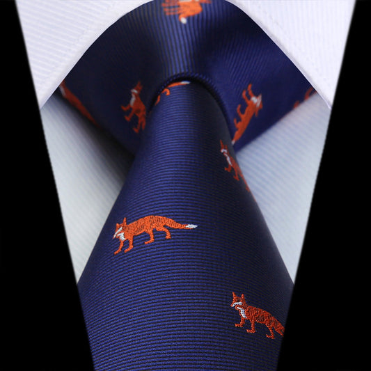 Hisdern Blue Fox Cute Print Pattern Tie Set