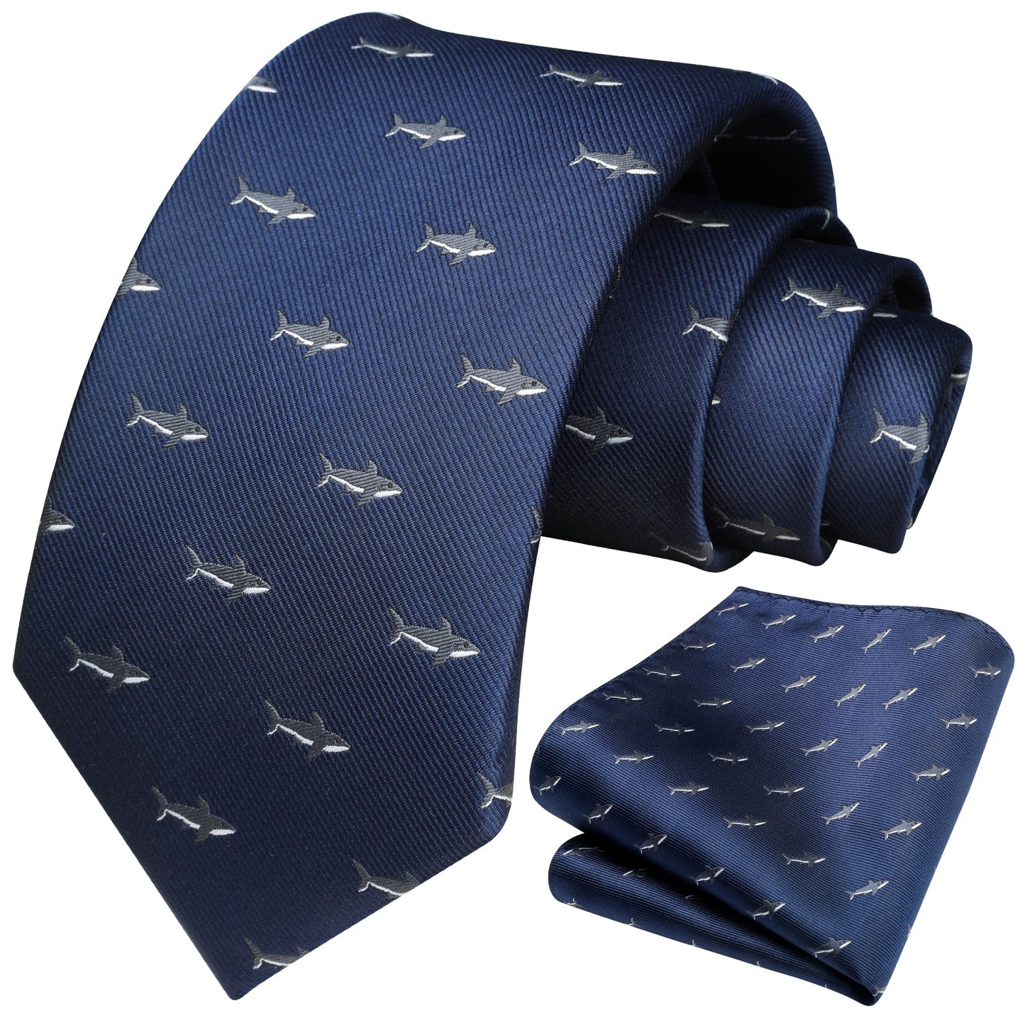 Hisdern Navy Blue Shark Cute Print Pattern Tie Set