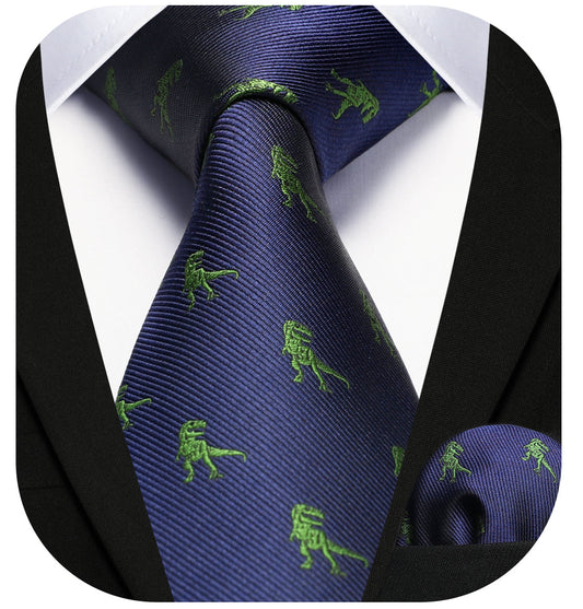 Hisdern Navy Blue Dinosaur Print Men's Suit Tie Set