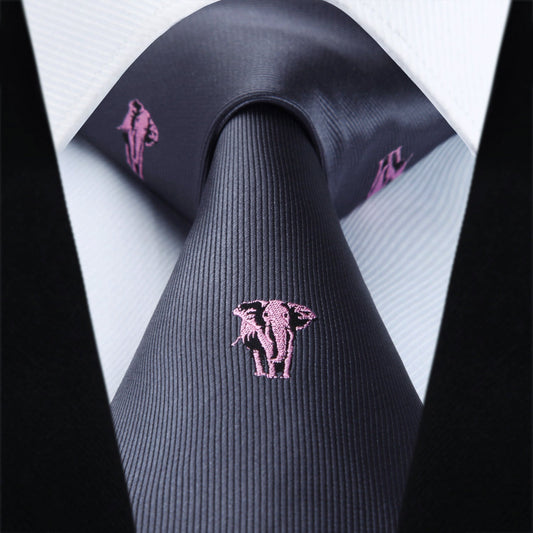 Hisdern Grey Elephant Print Men's Suit Tie Set