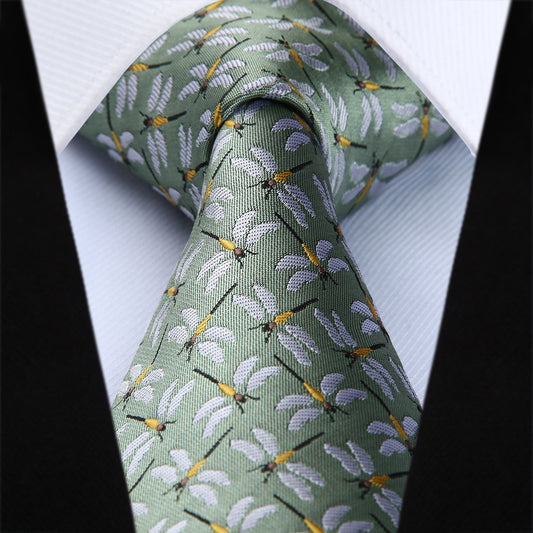 Hisdern Mint Green Dragonfly Print Men's Suit Tie Set