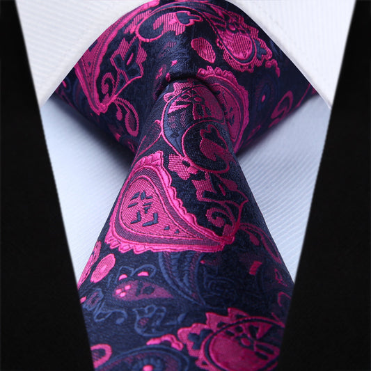 Hisdern Hot Pink Navy Blue Paisley Tie Set For Formal Wear