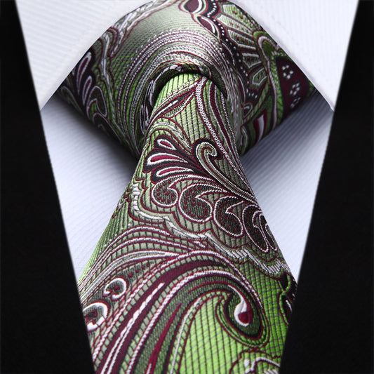 Hisdern Olive Green Burgundy Paisley Tie Set For Groomsmen