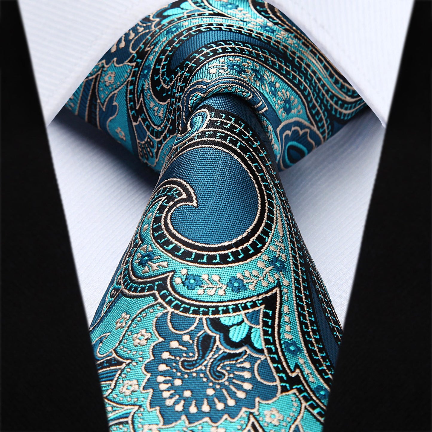 Hisdern Aqua Blue Paisley Tie Set For Formal Wear