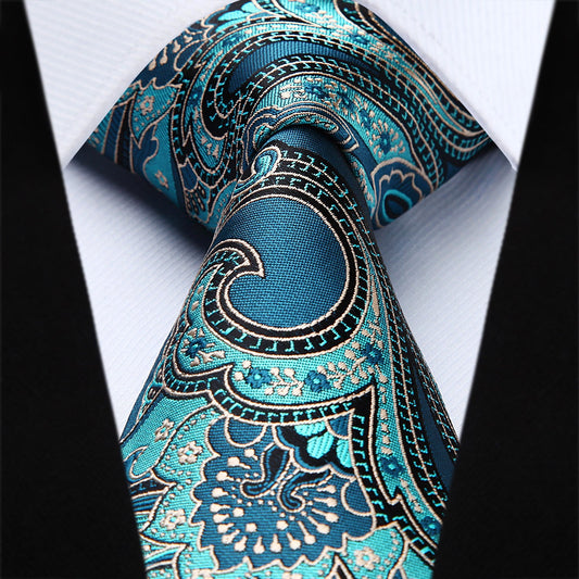 Hisdern Aqua Blue Paisley Tie Set For Formal Wear