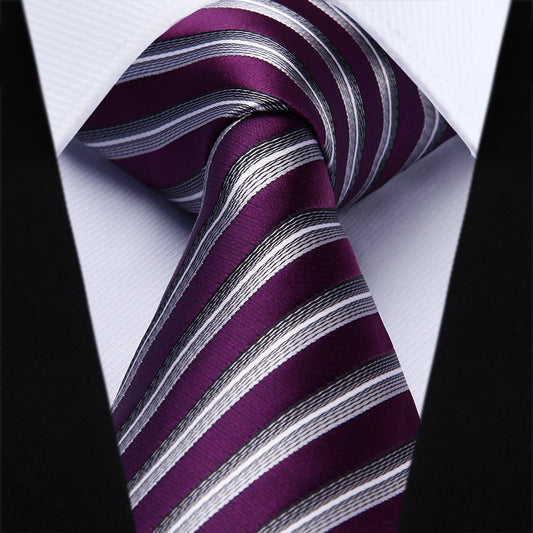 Hisdern Purple Silver Striped Business Tie Set