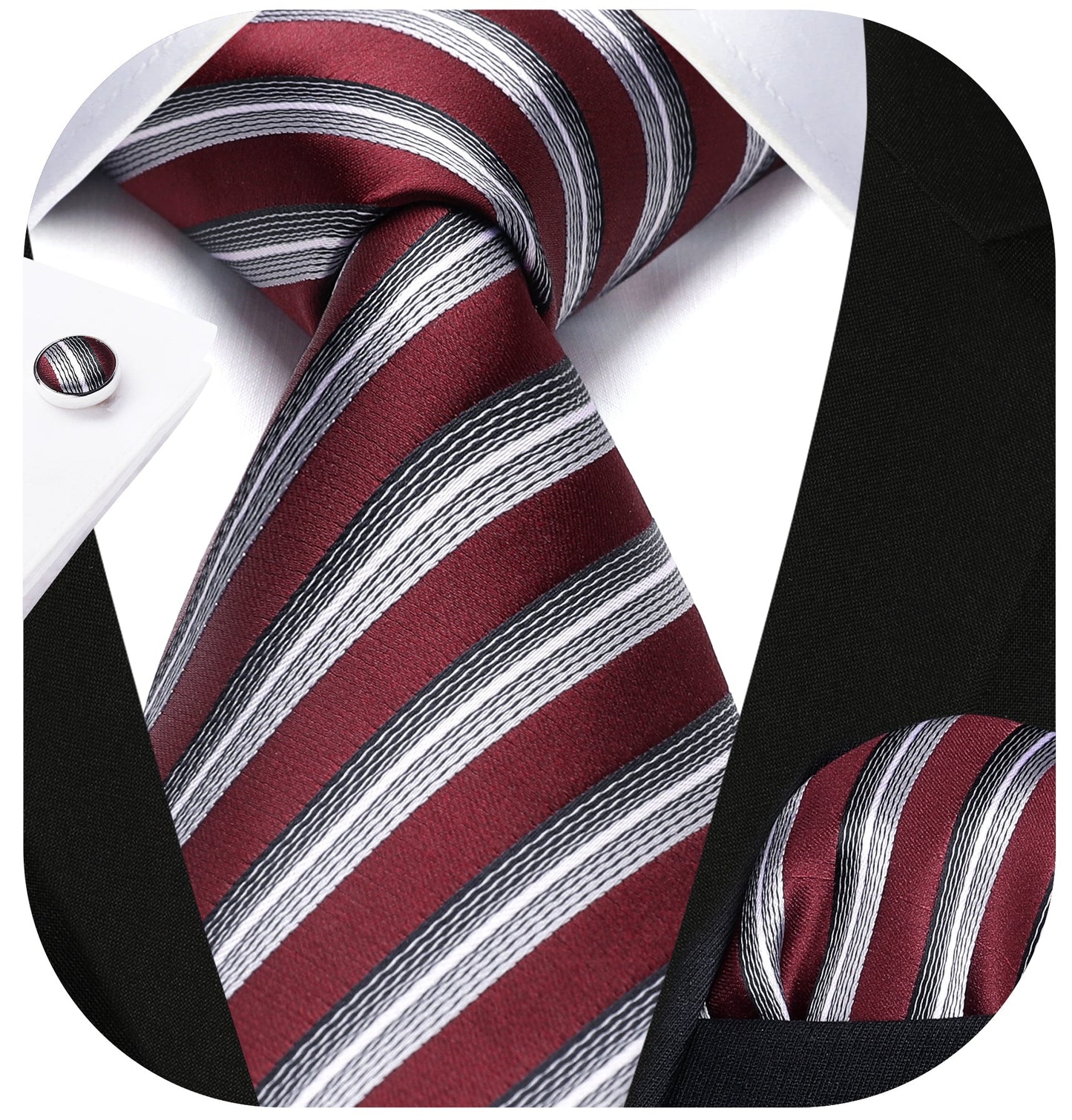 Hisdern Burgundy Striped Wedding Accessories Set with Cufflinks